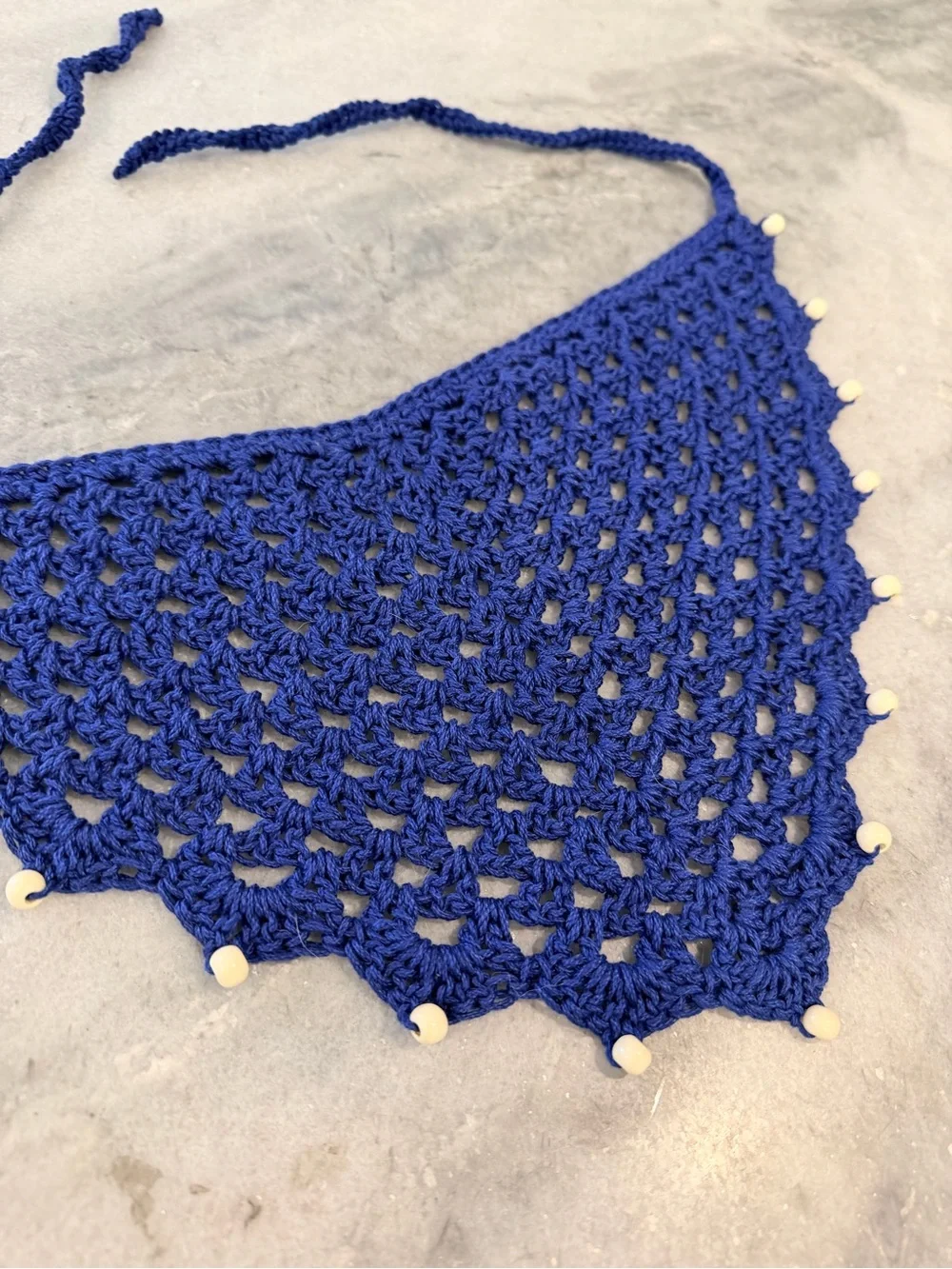 Handmade Crochet Wood Beaded Kerchief Head Scarf Cotton Boho Bandana Cottagecore